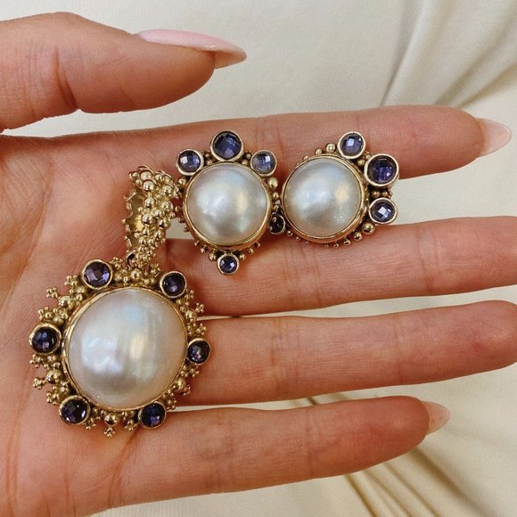 Stephen Dweck White Pearl and Amethyst Earrings & Pendant Set 18K Yellow Gold - Picture 2 of 10